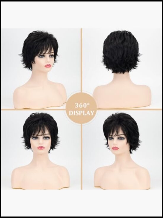 Short Curly Wigs for Women Shaggy Layered Pixie Cut with Bangs Heat Synthetic